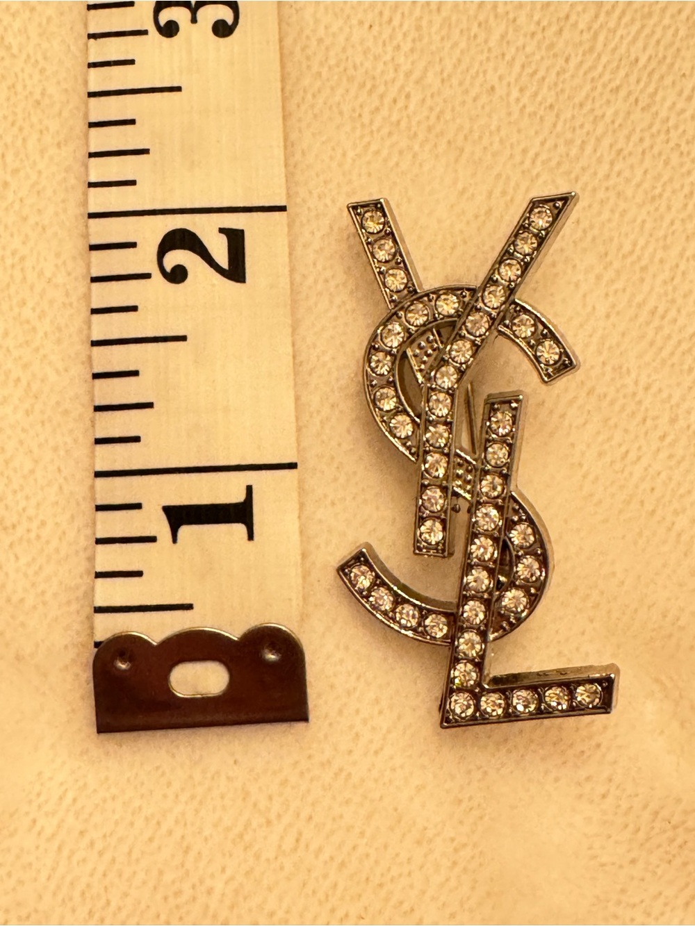 Saint Laurent Crystal-Embellished Logo Pin Brooch in Silver (not gold) - Picture 8 of 8